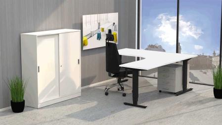 Hoj- och sankbart skrivbord med T-stativ