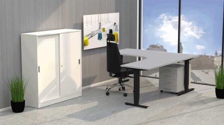 Hoj- och sankbart skrivbord med T-stativ