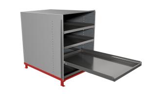 Industribyra med utdragbara hyllplan