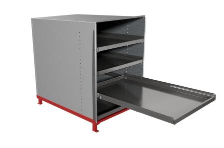 Industribyra med utdragbara hyllplan