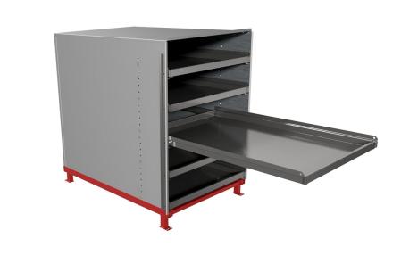Industribyra med utdragbara hyllplan