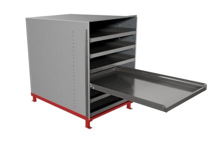 Industribyra med utdragbara hyllplan